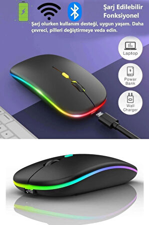 Şarjlı Kablosuz Mouse Bluetooth\2.4ghz RGB Işıklı Sessiz Tıklama Tablet Telefon Bilgisayar Uyumlu