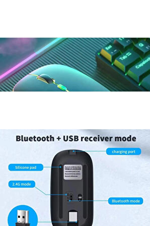 Şarjlı Kablosuz Mouse Bluetooth\2.4ghz RGB Işıklı Sessiz Tıklama Tablet Telefon Bilgisayar Uyumlu