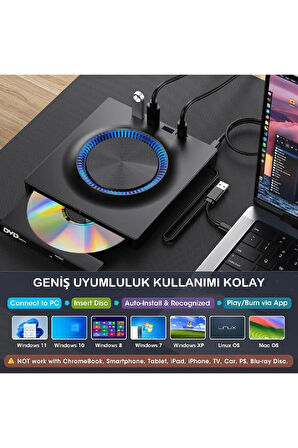 Harici DVD-RW CD/DVD Sürücü – USB-C/3.0, USB Hub ve SD Kart Girişli, Slim Taşınabilir