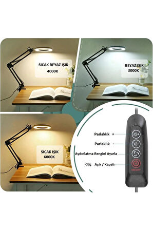 3 Renk Ayarlı Büyüteçli Masa Lambası USB Şarjlı Esnek ve Kullanışlı Alüminyum Gövde Şık Tasarım