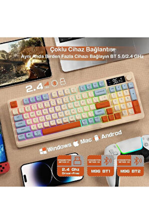 Gaming Oyuncu Klavye RGB Kablosuz 2.4ghz -Bluetooth Çift Bağlantılı Tft Led Ekranlı Oyuncu Klavye