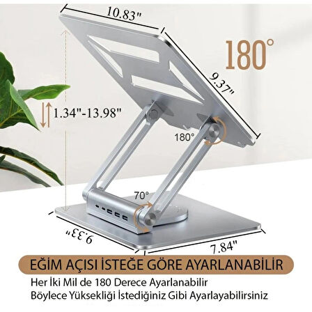 360° Döner Alüminyum Laptop Standı Ergonomik ve Portatif Tasarım Usb Type-C Port Dayanıklı ve Sağlam