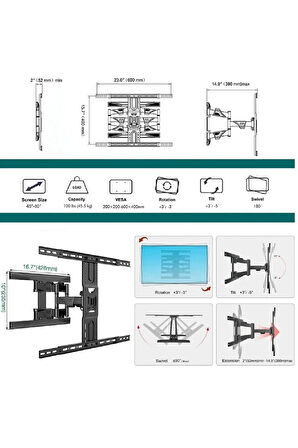 NB P6 LCD LED OLED 40"–80" Uyumlu, Ultra Ince Tv Askı Aparatı Profosyonel Hareketli Tv Askı Aparatı