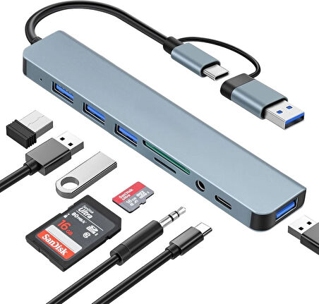 Usb Çoklayıcı 8 İn 1 Usb Type-c Hub Adaptör 4 Usb Port Sd/tf Kart Okuyucu 3.5mm Ses Girişi Çoklayıcı