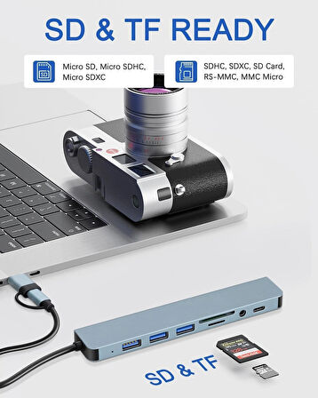 Usb Çoklayıcı 8 İn 1 Usb Type-c Hub Adaptör 4 Usb Port Sd/tf Kart Okuyucu 3.5mm Ses Girişi Çoklayıcı