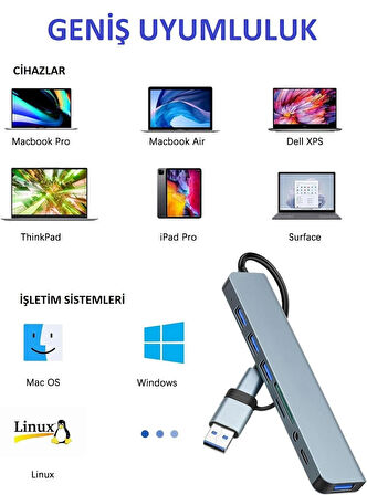 Usb Çoklayıcı 8 İn 1 Usb Type-c Hub Adaptör 4 Usb Port Sd/tf Kart Okuyucu 3.5mm Ses Girişi Çoklayıcı