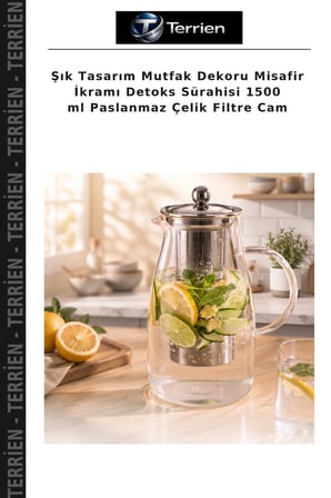 Şık Tasarım Mutfak Dekoru Misafir İkramı Detoks Sürahisi 1500 ml Paslanmaz Çelik Filtre Cam