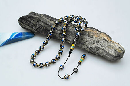 Oltu Taşı Ve Sarı Galalith  Çift Çeşmi Bülbül İşlemeli Tespih