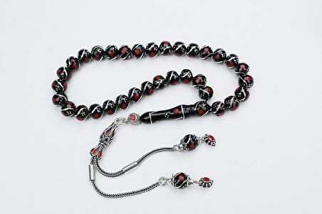 Oltu Taşı Küre Model Üçlü Çeşmi Bülbül  Kırmızı İşlemeli  Bürokrat Boy Tespih