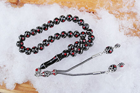 Oltu Taşı Küre Model Üçlü Çeşmi Bülbül  Kırmızı İşlemeli  Bürokrat Boy Tespih