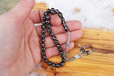 Oltu Taşı Küre Model Üçlü Çeşmi Bülbül  Kırmızı İşlemeli  Bürokrat Boy Tespih