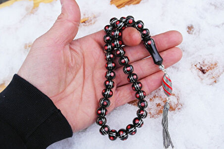 Oltu Sıkması Basık Model  Alpaka Karpuz Mercan İşlemeli Tespih