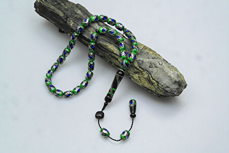 Oltu Taşı ve Yeşil Galalith  Çift Çeşmi İşlemeli Tespih