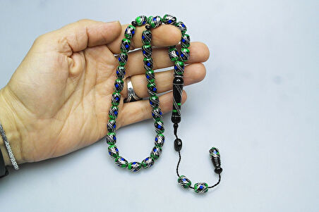 Oltu Taşı ve Yeşil Galalith  Çift Çeşmi İşlemeli Tespih