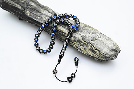 Oltu Taşı Bürokrat Boy Üçlü Çeşmi Bülbül Mavi İşlemeli Tespih