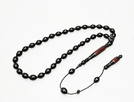 Oltu Taşı Oyma İmame ve Kırmızı Mine İşleme  Sade Tespih