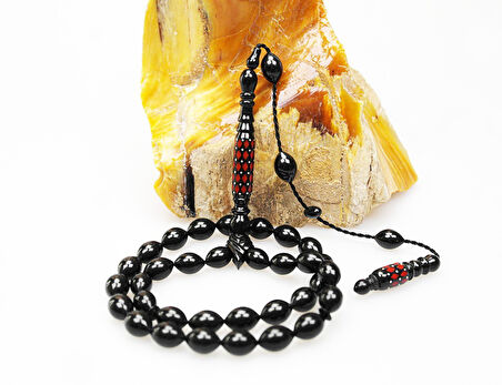 Oltu Taşı Oyma İmame ve Kırmızı Mine İşleme  Sade Tespih