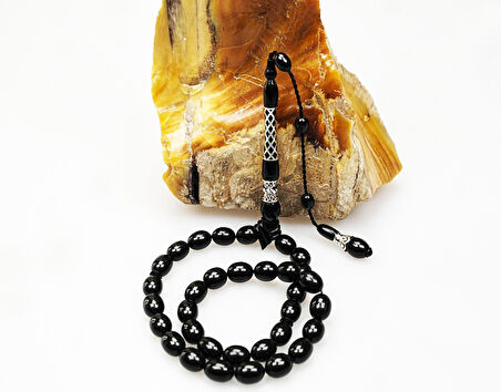 Oltu Taşı Kare Baklava Desenli  İmame Gümüş İşleme Sade Tespih