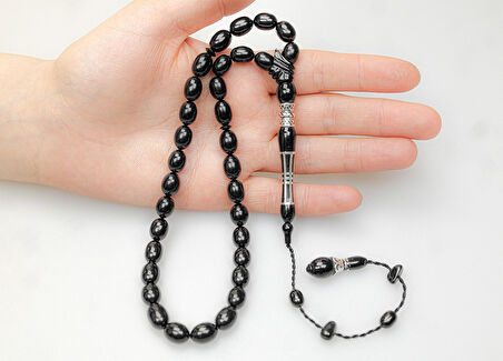 Oltu Taşı Kalın Çizgi İmame Nakkaş Gümüş İşleme Sade Tespih