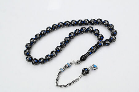 Oltu Taşı Küre Mavi Yıldız İşlemeli Tespih