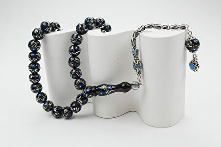 Oltu Taşı Küre Mavi Yıldız İşlemeli Tespih