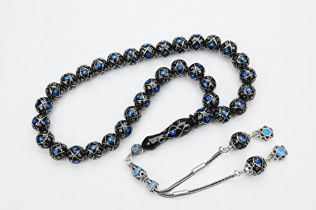 Oltu Taşı Küre Fiyonk Mavi İşlemeli Tespih