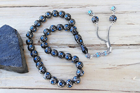 Oltu Taşı Küre Fiyonk Mavi İşlemeli Tespih