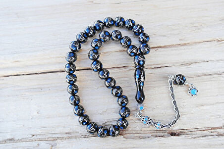 Oltu Taşı Küre Fiyonk Mavi İşlemeli Tespih