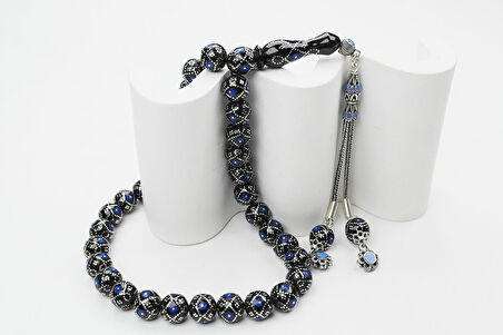 Oltu Taşı Küre Fiyonk Mavi İşlemeli Tespih