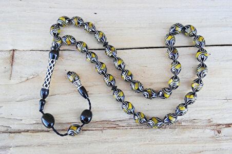 Oltu Taşı ve Sarı Galalith Çeşmi Damla İşleme Tespih