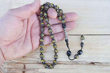 Oltu Taşı ve Sarı Galalith Çeşmi Damla İşleme Tespih