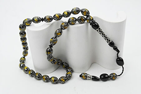 Oltu Taşı ve Sarı Galalith Çeşmi Damla İşleme Tespih