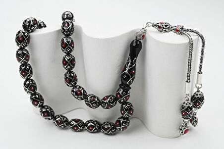 Oltu Taşı  Beyzi Fiyonk Kırmızı İşlemeli Tespih