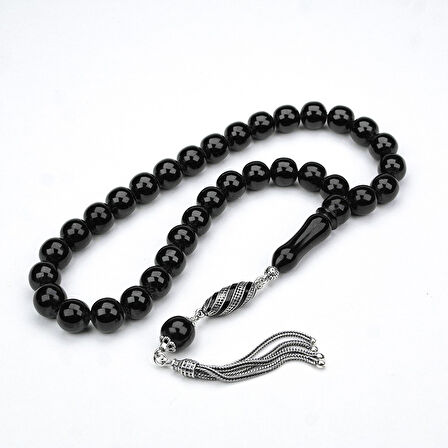 Oltu Taşı İşlemesiz Gümüş Püsküllü Küre Tespih