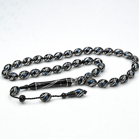 Oltu Taşı Çift Çeşm-i Bülbül  Mavi İşlemeli Tespih