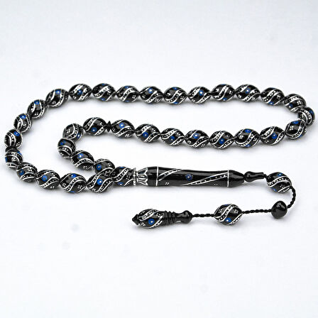 Oltu Taşı Çift Çeşm-i Bülbül  Mavi İşlemeli Tespih