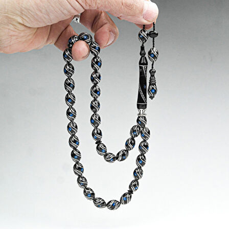 Oltu Taşı Çift Çeşm-i Bülbül  Mavi İşlemeli Tespih