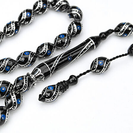 Oltu Taşı Çift Çeşm-i Bülbül  Mavi İşlemeli Tespih