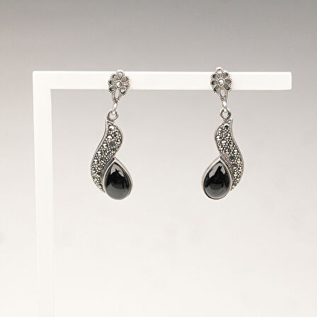 Markazit Taşlı Gümüş  Damla Oltu Taşlı Küpe