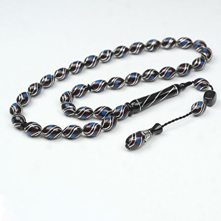 Oltu Taşı ve  Kırmızı Galalith Çift Çeşmi İşlemeli Tespih