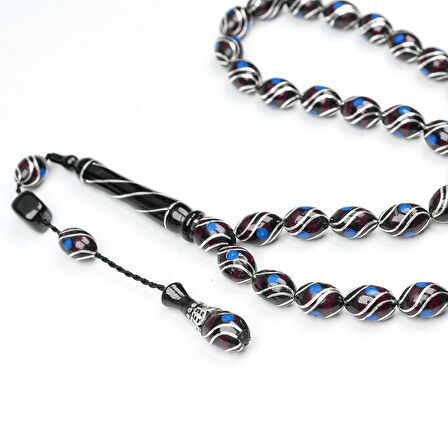 Oltu Taşı ve  Kırmızı Galalith Çift Çeşmi İşlemeli Tespih