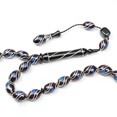 Oltu Taşı ve  Kırmızı Galalith Çift Çeşmi İşlemeli Tespih