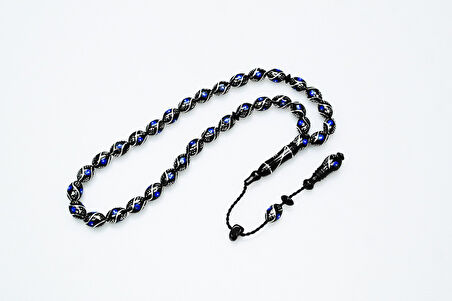 Oltu Taşı Beyzi  Çeşmi Bülbül Mavi İşlemeli Tespih