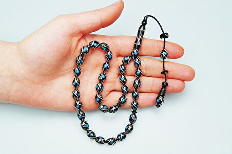 Oltu Taşı Beyzi  Çeşmi Bülbül Mavi İşlemeli Tespih