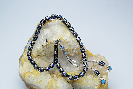 Oltu Taşı Üçlü Çeşmi Mavi İşleme Kapsül Tespih