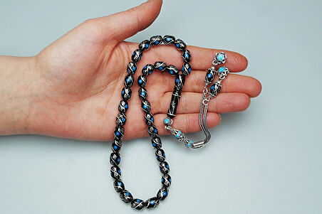 Oltu Taşı Üçlü Çeşmi Mavi İşleme Kapsül Tespih