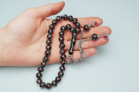 Oltu Taşı Üçlü Çeşmi Bülbül Kırmızı İşlemeli Tespih