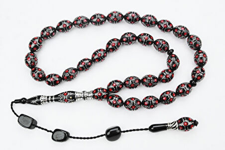 Kırmızı Mine Piramit Yol İşlemeli Oltu Sıkması Tespih