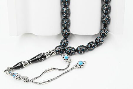 Kule Model Mavi Mine ve Gümüş İşlemeli Oltu Sıkması Tespih