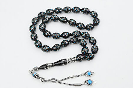 Kule Model Mavi Mine ve Gümüş İşlemeli Oltu Sıkması Tespih